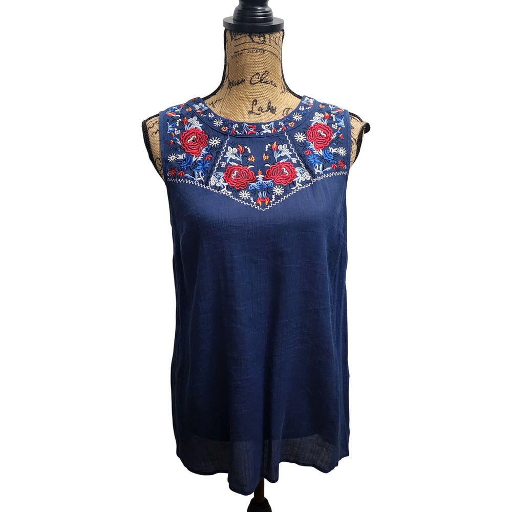 New Directions Women's Blue Embroidered Sleeveless Top Blouse Size‎ L
